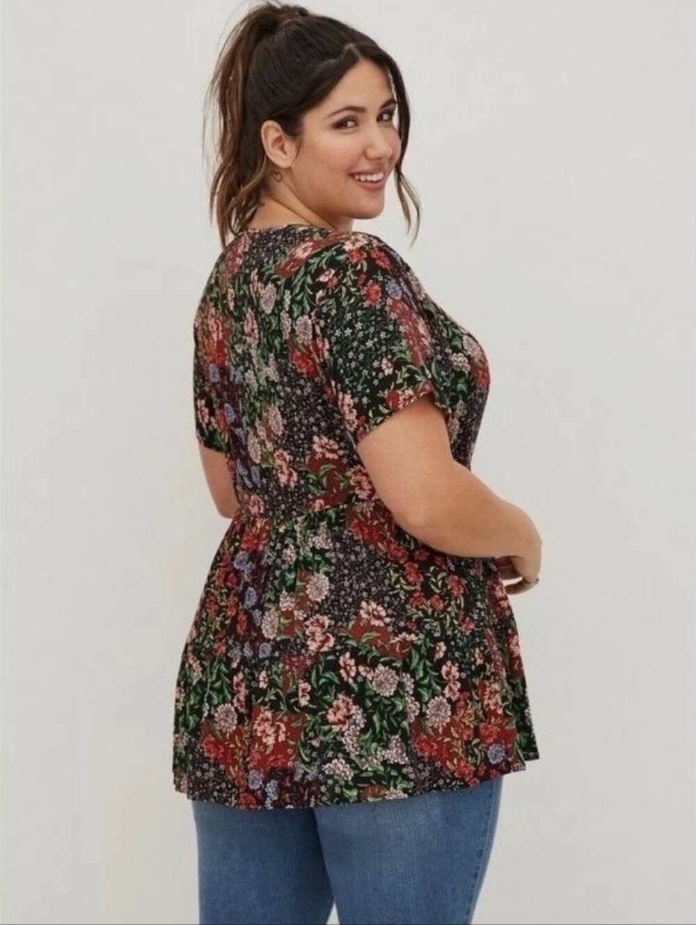 Torrid Black Floral V-Neck Ruffled Tunic with Red and Green Accents - Picture 2 of 4